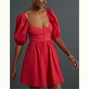 Anthropologie Maeve Red Puff Sleeve Button Up Corset Dress Large Milkmaid Y2K